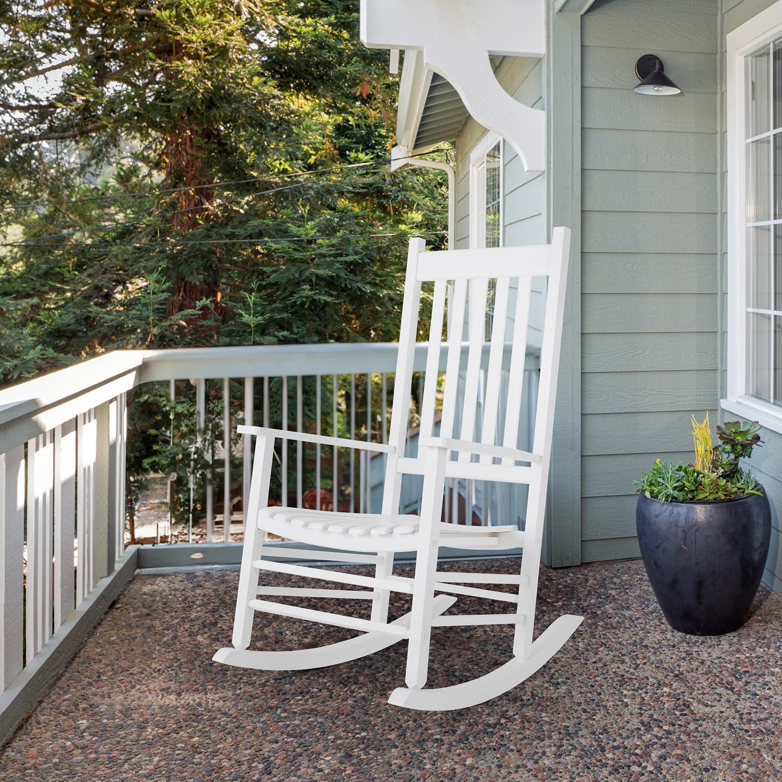 TLGREEN Solid Wood Oversized Outdoor Rocking Chair - Wide Seat All-Weather Patio Porch Rocker - Easy Assembly Indoor/Outdoor Use (White) - Perfect for Backyard Relaxation & Garden Lounging