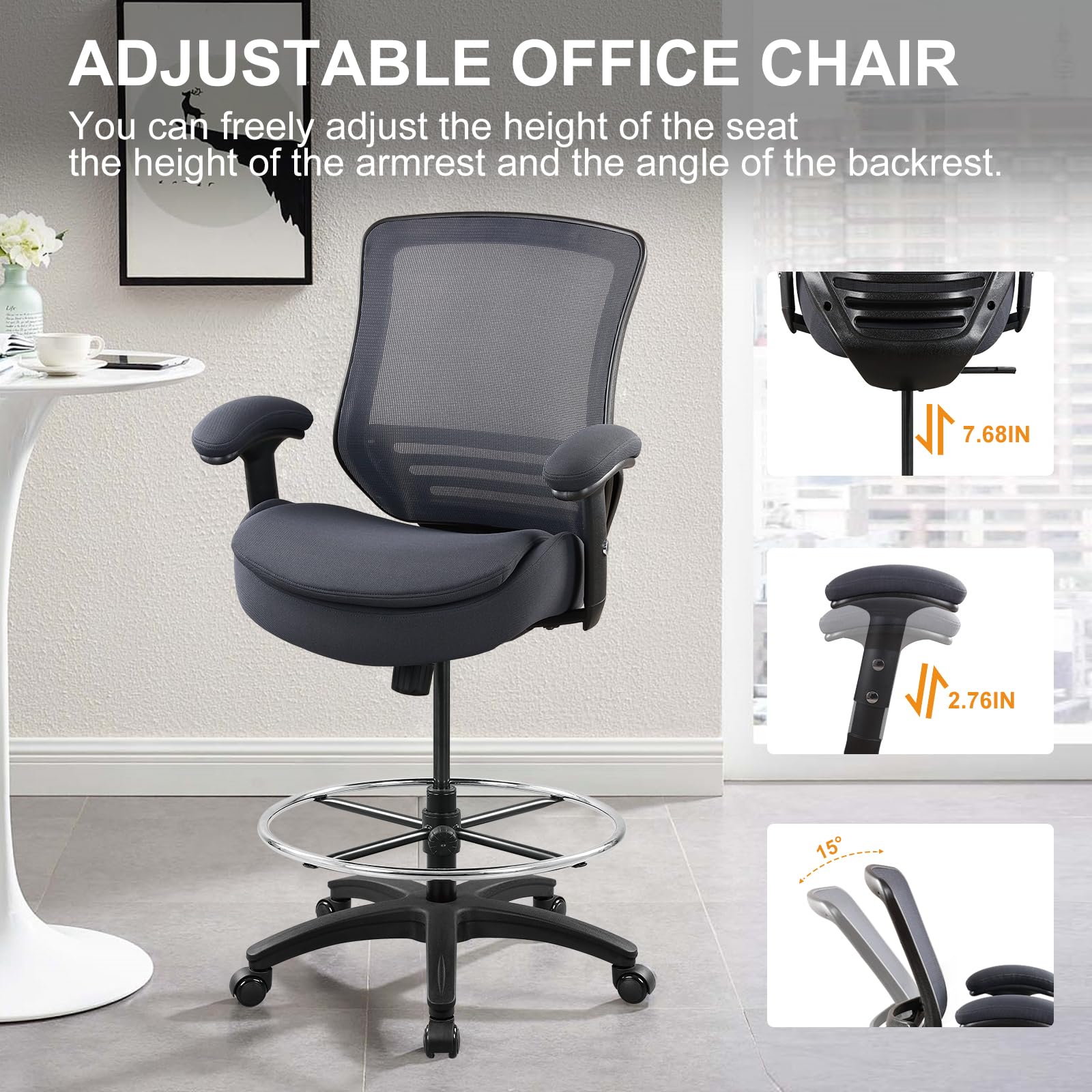 400lbs Heavy Duty Adjustable Drafting Chair with Lumbar Support - Ergonomic Office Stool for Standing Desks, Extra Thick Seat Cushion & Oversized Footrest (Gray) - Perfect for Architects, Designers & Home Office Workspaces
