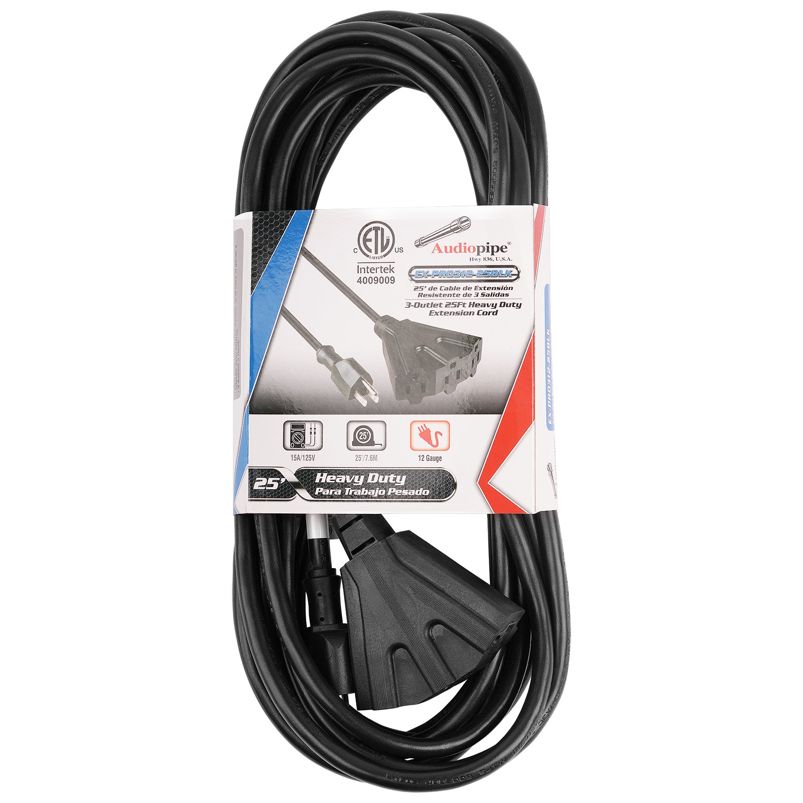 25Ft 3 Outlet Heavy Duty Extension Cord - 14 Gauge, 1875W, Grounded, Flame Retardant - Ideal for Home, Office, Workshop & Outdoor Use (EX PRO312 25BLK)
