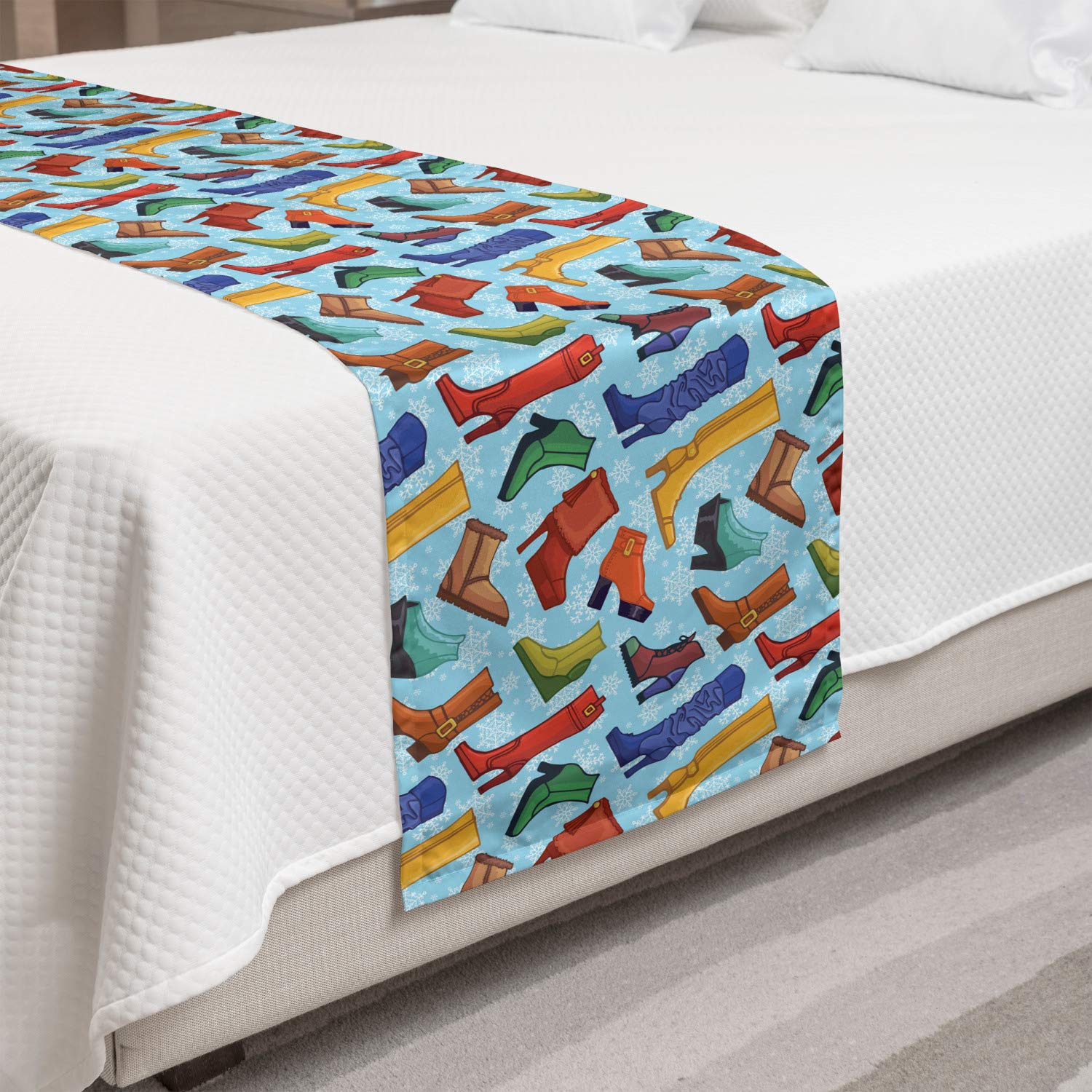 Ambesonne Winter Bed Runner - Colorful Women's Boots & Shoes Design on Blue Snowflake Background | Seasonal Decorative Bed Scarf for Hotels, Homes & Guest Rooms | Perfect for Holiday Decor & Cozy Winter Bedroom Styling