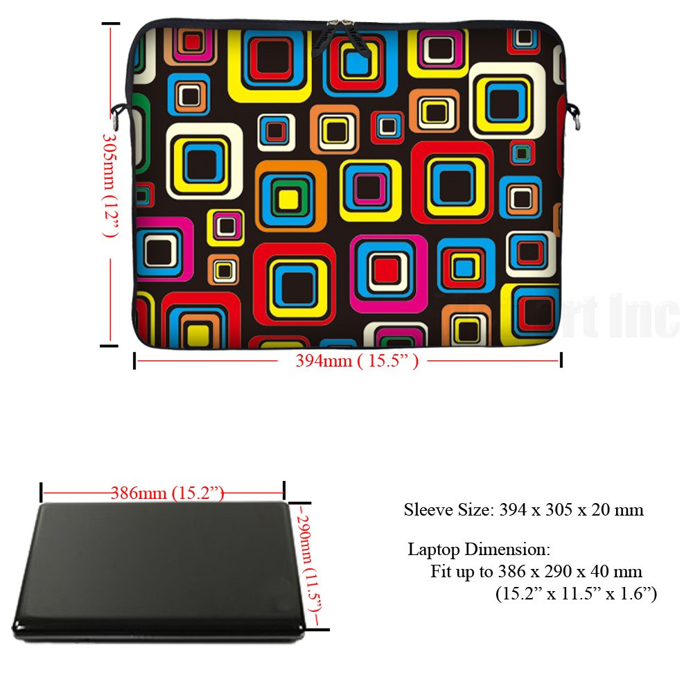 15.6 Inch Neoprene Laptop Sleeve Bag with Hidden Handle & Adjustable Strap - Lightweight Protective Case for MacBook, Dell, HP - Perfect for Travel, School, Office (Colorful Square Pattern)