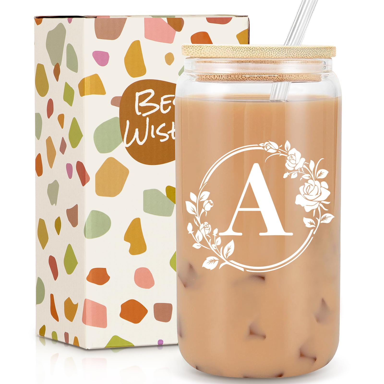 Personalized Monogrammed Initial Glass Cup - 16oz Beer Can Shaped Glass with Lid & Straw - Custom Birthday Christmas Gifts for Women - Perfect for Iced Coffee, Cocktails & Home Bar Decor