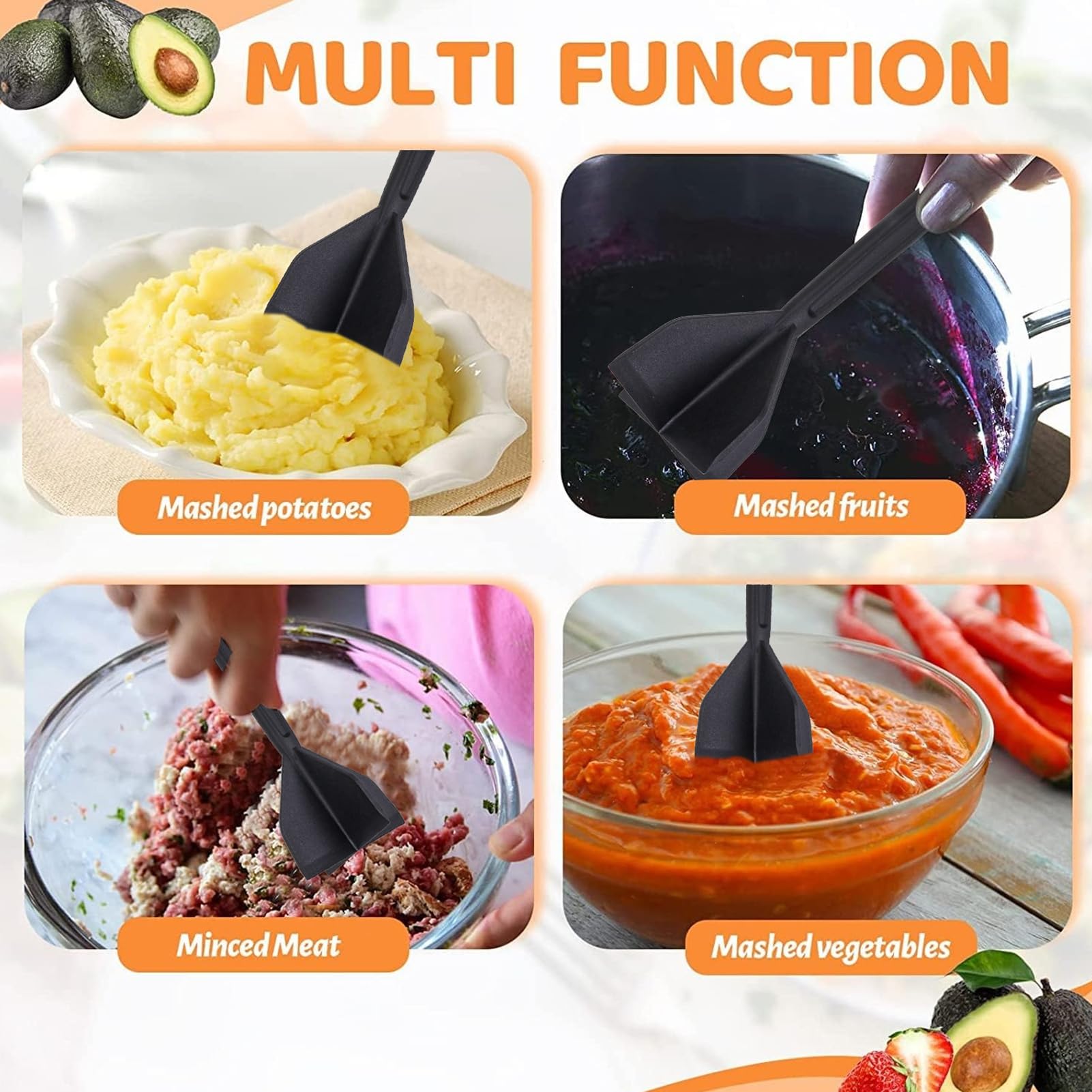 4-Blade Manual Hamburger Meat Chopper with Long Handle - Heavy Duty Ground Beef Mixer for Patties, Egg Salad & Mashed Potatoes - Perfect for Kitchen, BBQ & Food Prep