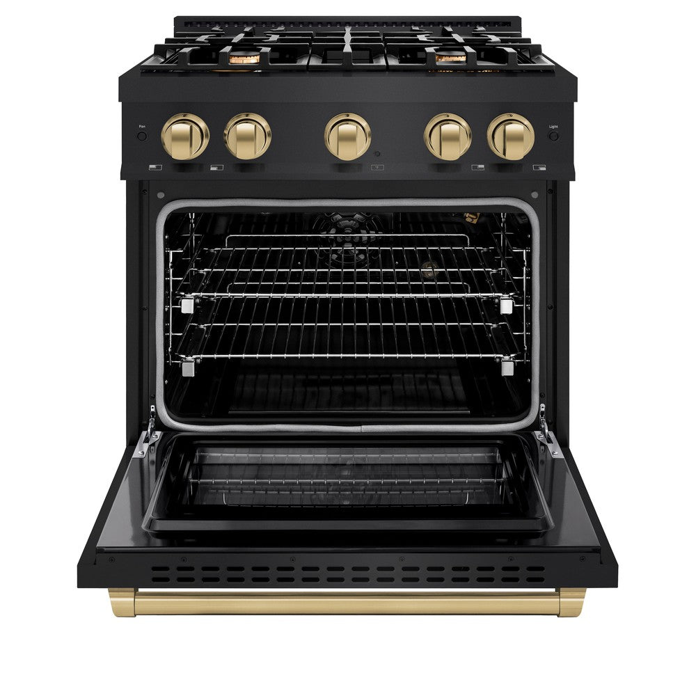 ZLINE Autograph Edition 30-Inch 4.2 cu. ft. Gas Range with 4 Burner Cooktop & Convection Oven - Black Stainless Steel with Champagne Bronze Accents (HGRBZ 30 CB) | Perfect for Modern Kitchens, Home Chefs & Entertaining