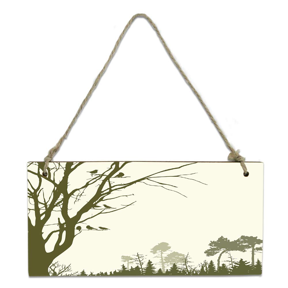 Rustic Wooden Hanging Sign for Front Door - 8x4in Twig Bird Forest Silhouette Wall Decor | Seasonal Farmhouse Porch Sign Holder | Perfect for Front Porch, Garden Gate & Entryway Decor
