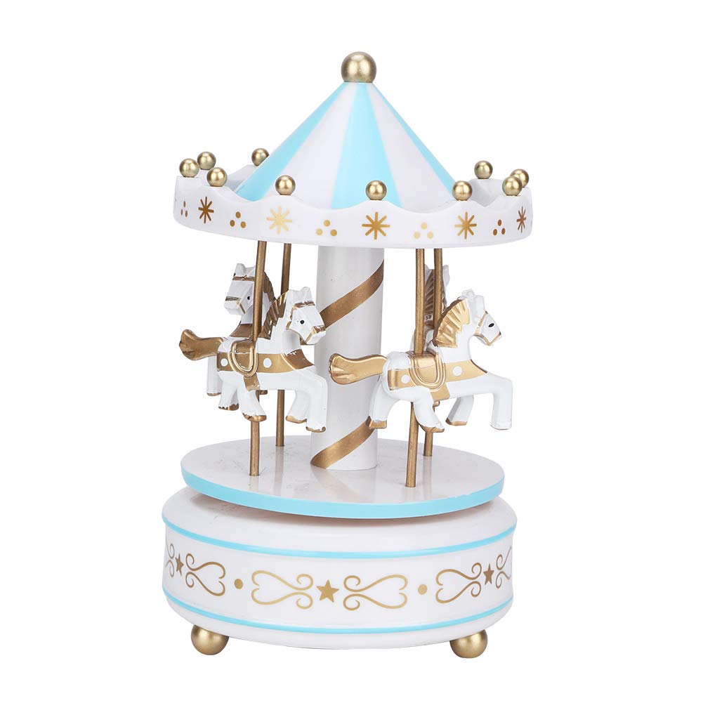 Ymiko Wooden Merry-Go-Round Music Box - Handcrafted Wind-Up Musical Jewelry Box for Girls, Kids Birthday Gift & Home Table Decor (Blue) - Perfect for Bedroom, Nursery, Wedding & Christmas Decorations