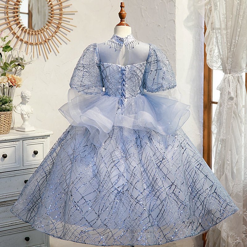 Sparkly Dusty Blue Sequin Princess Dress with Ruffles & Puff Sleeves for Girls - Perfect for Birthday Parties, Pageants & Special Occasions