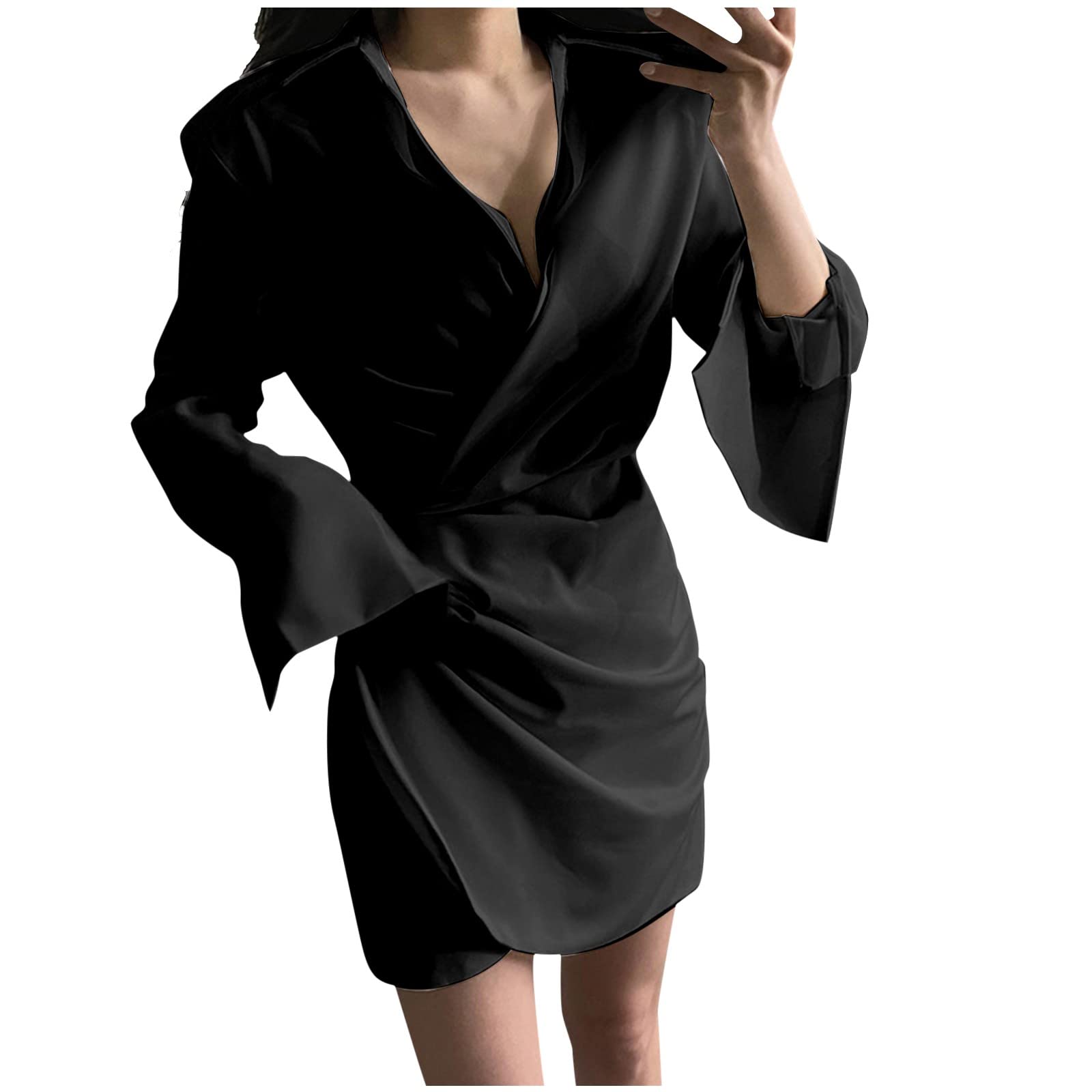Elegant Solid Color Women's Formal V-Neck Shirt Dress - Ascetic Style Twisted Design for Office, Party & Special Occasions