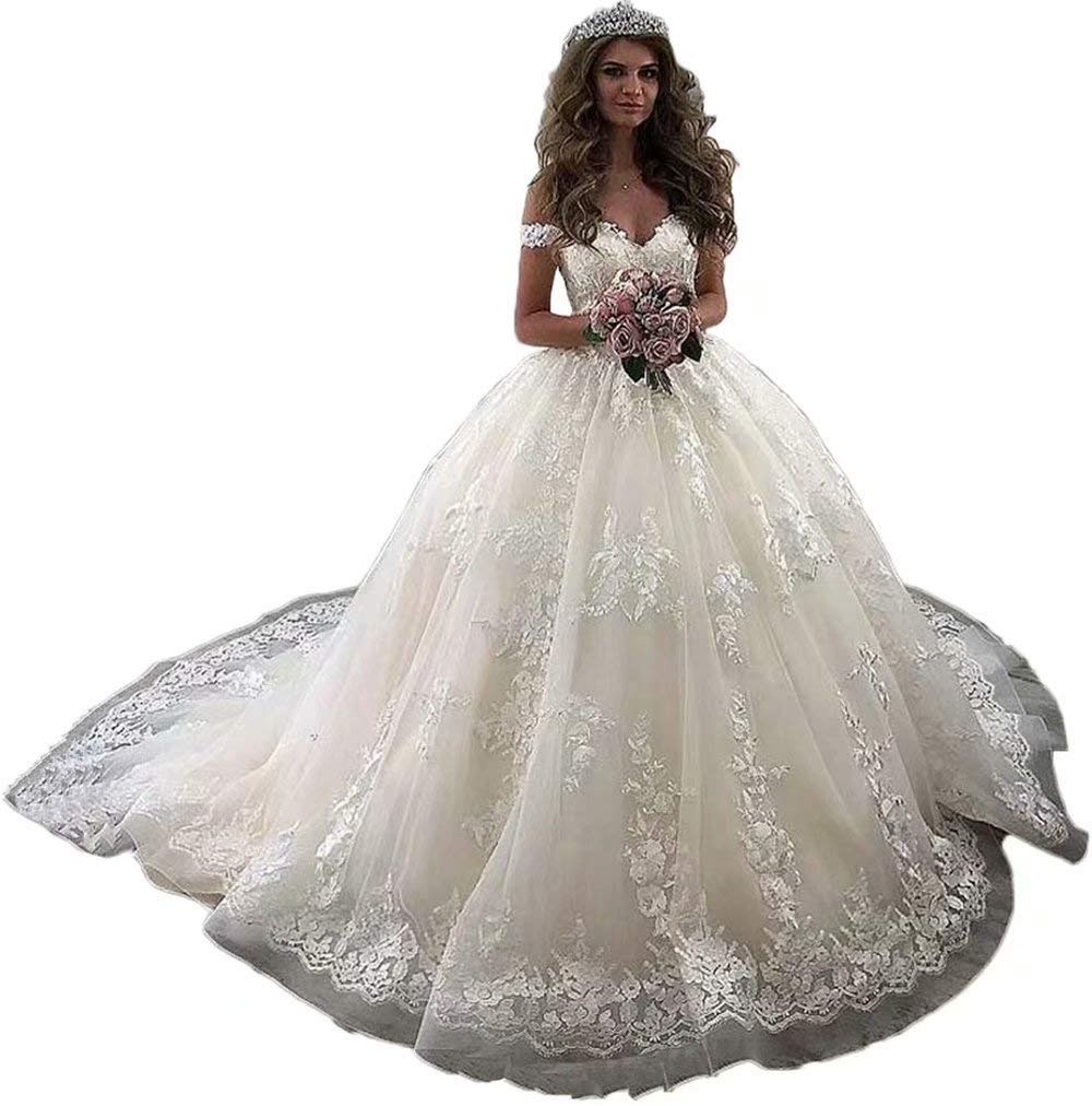 Elegant Off-The-Shoulder Lace Wedding Dress for Bride - Ball Gown Princess Bridal Gown with Appliques | Perfect for Beach Weddings, Church Ceremonies & Romantic Photoshoots