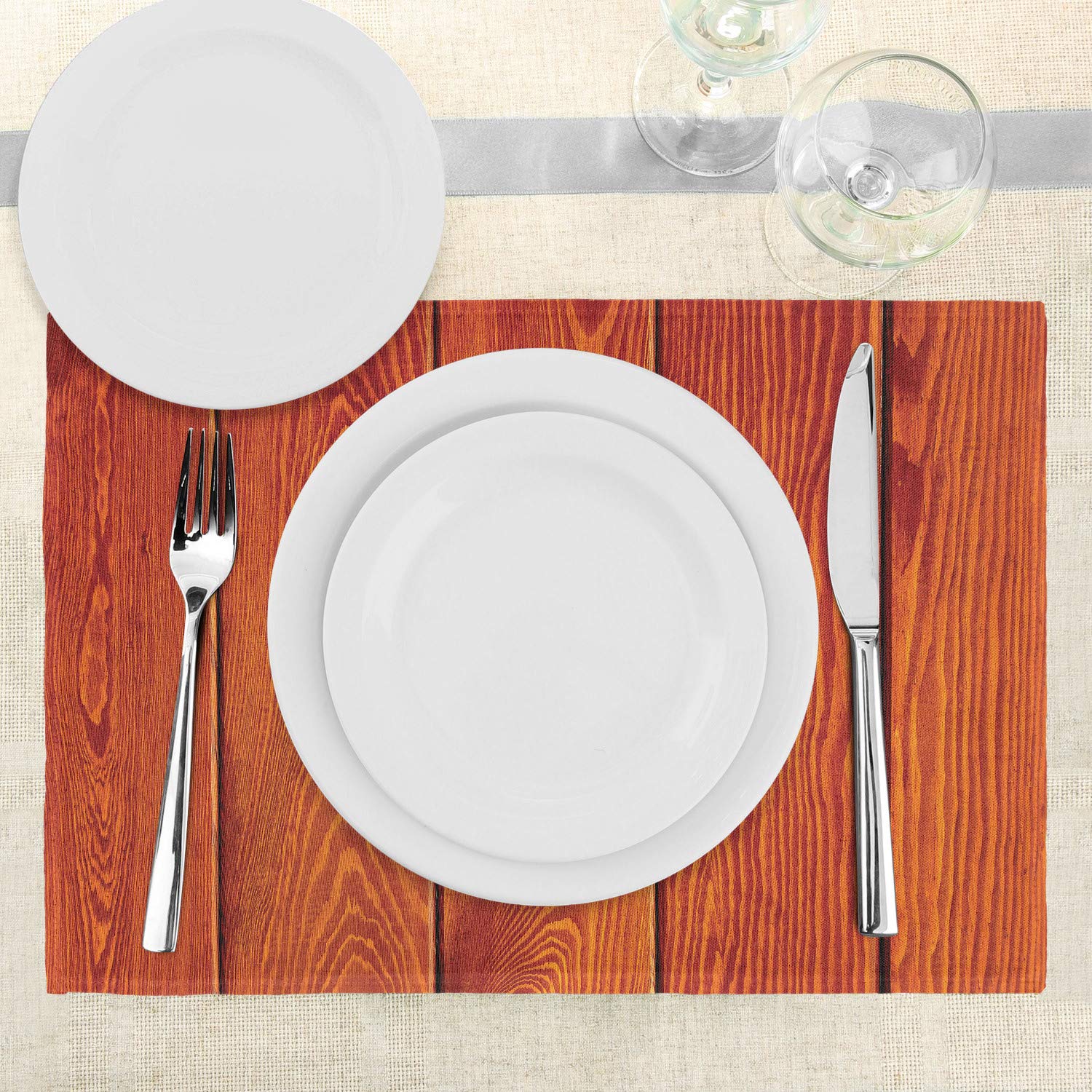 Ambesonne Orange Placemats Set of 4 - Rustic Wooden Texture with Natural Oak Tree Print, Washable Fabric Table Mats for Dining Room & Kitchen Decor (Marigold Orange) - Perfect for Thanksgiving, Fall Decorations, and Farmhouse Style Dining Tables