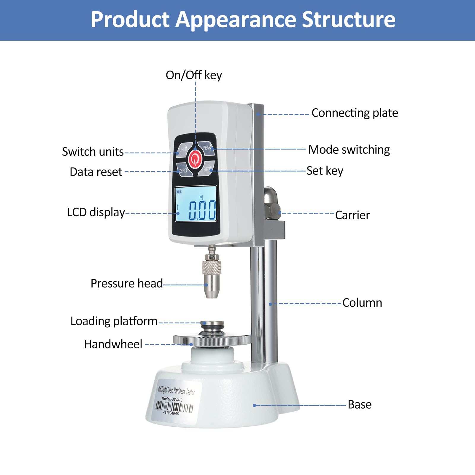 GWJ-3 Digital Grain Hardness Tester - 20KG/196N Capacity, 0.01kg/0.1N Precision for Seed, Fodder, Rice & Cereal Quality Testing | Perfect for Agriculture Labs, Food Research & Grain Quality Control