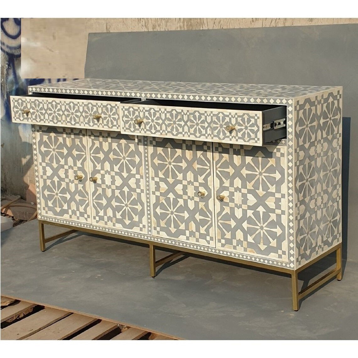 Handmade Bone Inlay Gray and White Sideboard Buffet Table - Vintage Boho Chic Storage Cabinet for Dining Room, Living Room & Entryway