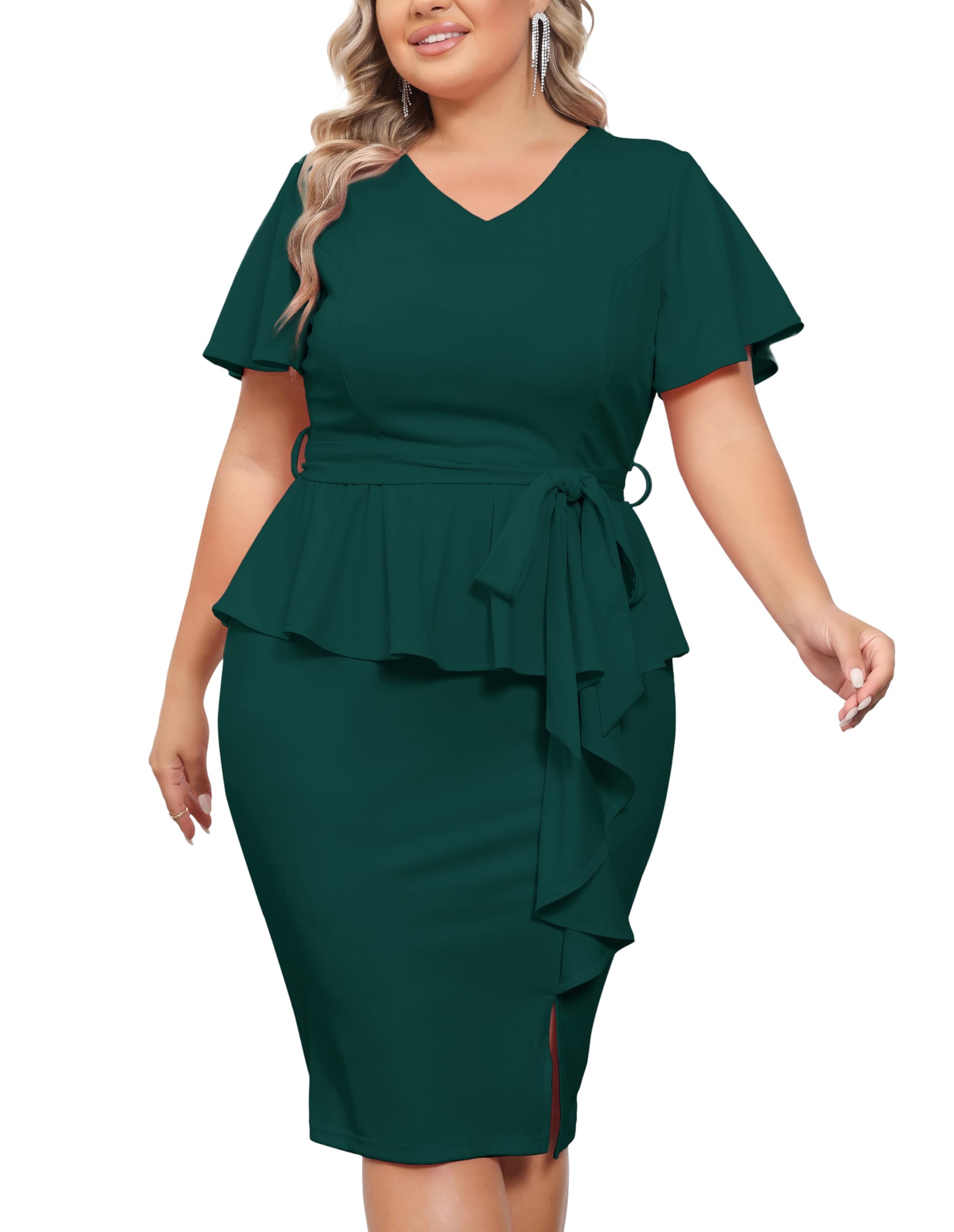 Hanna Nikole Women's Plus Size Pencil Dress - V Neck, Ruffle Sleeves Vintage Style Dress for Wedding Guest, Office Work & Special Occasions | Flattering Formal Wear for Curvy Women