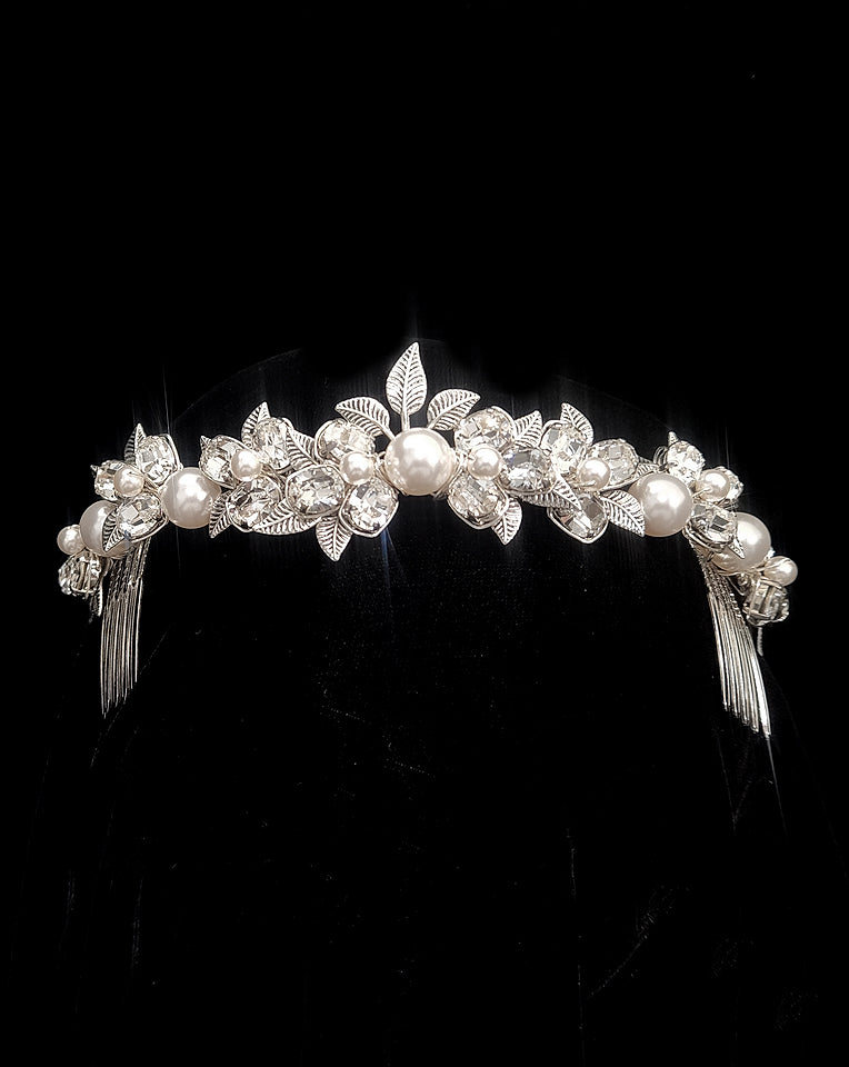 Vintage Leaf & Crystal Low Crown Bridal Headpiece with Large Pearls – Steph by Kezani | Wedding, Prom, Vintage Theme Party Accessory