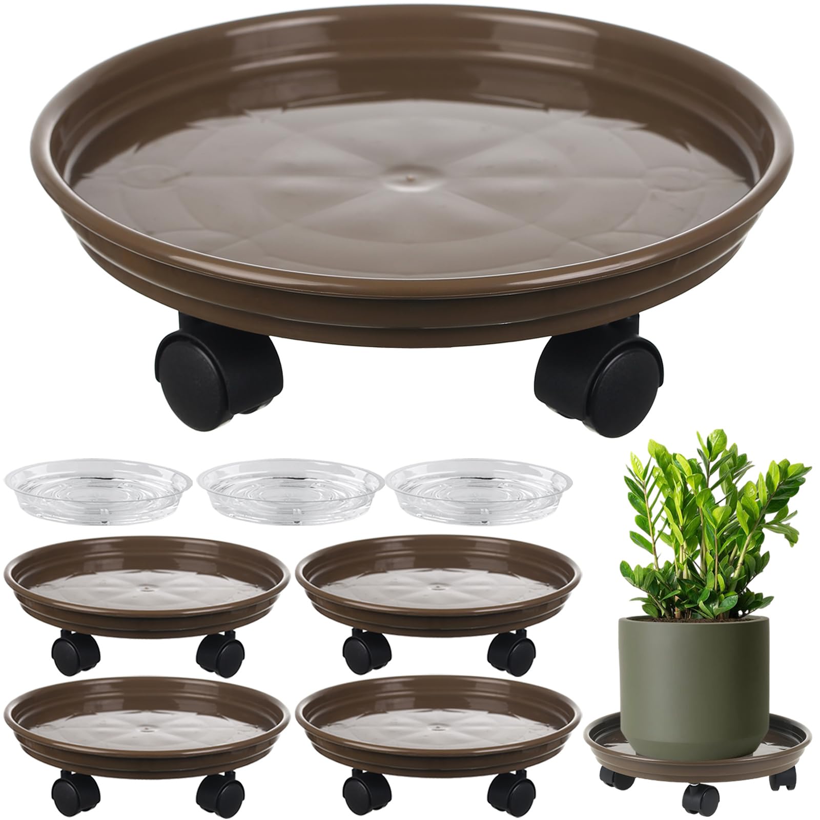 Circloophs 5-Pack Heavy Duty 12-Inch Rolling Plant Caddy with 360° Swivel Casters - Plant Dolly Wheels for Moving Large Potted Plants Indoors & Outdoors (Coffee Brown) - Perfect for Living Room Decor, Garden Planters, and Office Plant Mobility