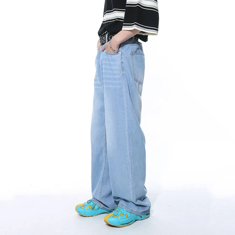 American Style Men's Loose Pocket Zipper Washed Denim Jeans - Casual Straight Wide Leg Trousers for Autumn | Trendy Streetwear & Everyday Comfort (Style 9C5395)