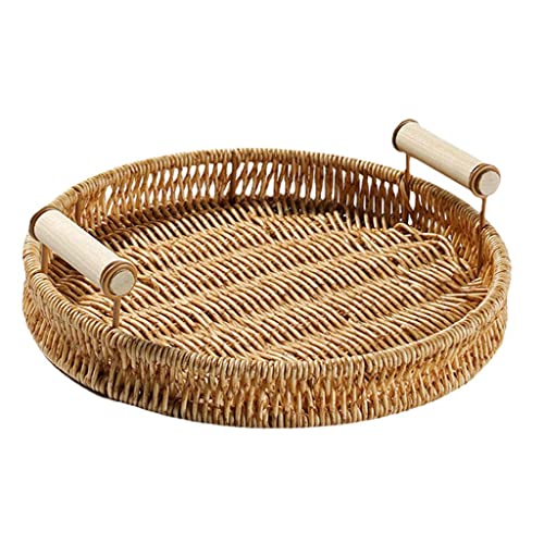 Hand-Woven Wicker Rattan Serving Tray with Handles - 22cm Round Storage Tray for Bread, Fruit, Snacks & Breakfast - Perfect for Kitchen, Dining Table, Picnic & Home Decor
