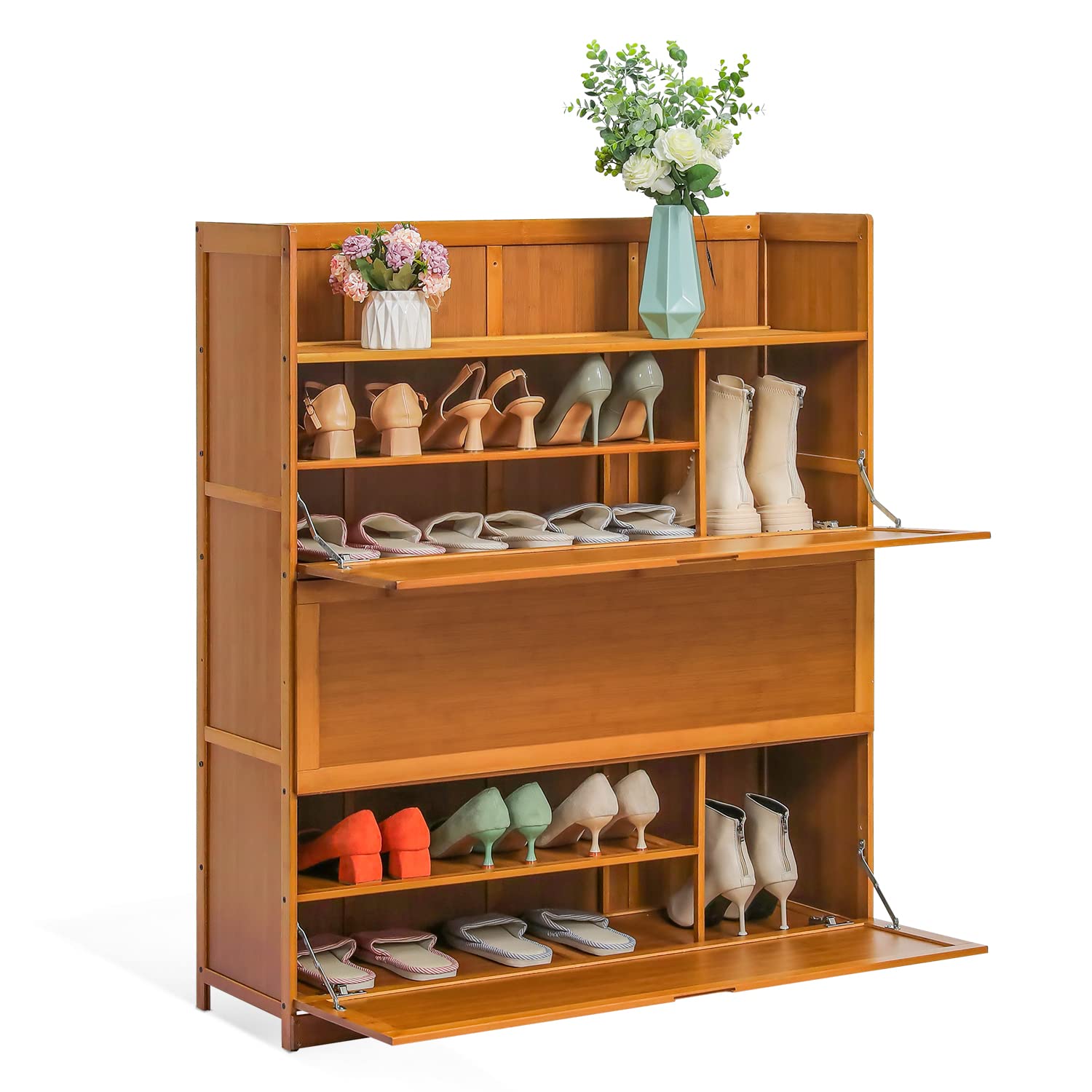 MoNiBloom 7-Tier Bamboo Shoe Storage Cabinet with Pull-Down Doors - Holds 26-30 Pairs of Shoes - Boots & Sneakers Organizer for Entryway, Hallway, Mudroom - Space-Saving Brown Shoe Rack for Home Organization
