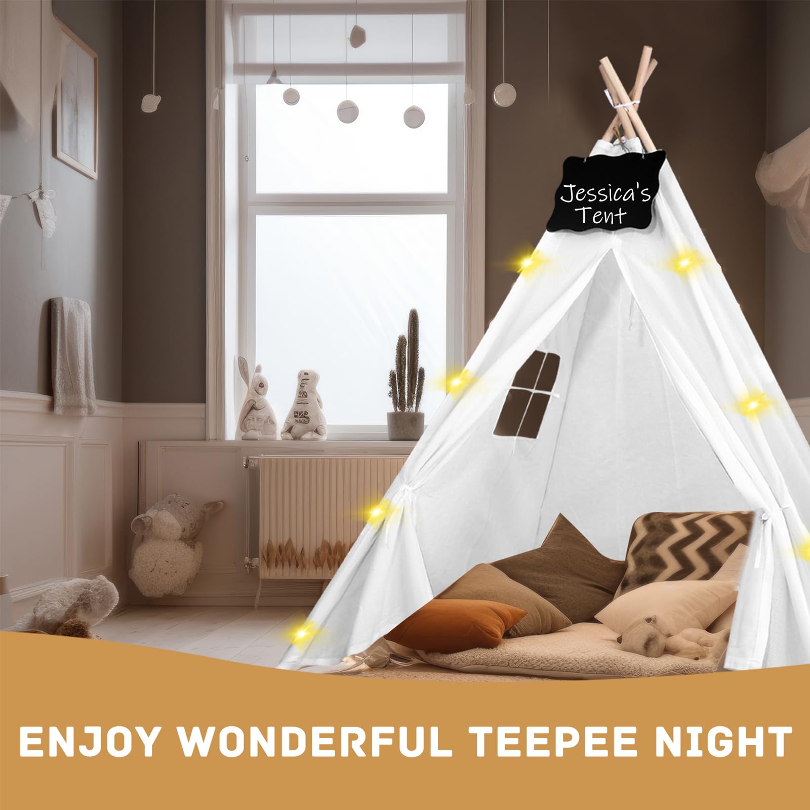 6-Piece Teepee Tent Set with Chalkboard & 10FT Fairy Lights - Foldable Indoor/Outdoor Play Tent for Kids, Girls & Boys - Perfect for Birthday Parties, Boho Sleepovers, Camping & Nursery Decor (White)