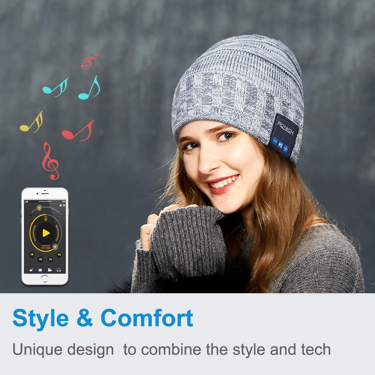 Wireless Bluetooth Beanie Hat for Men & Women - Soft Warm Winter Knit Cap with Built-in Headphones & Mic - Hands-Free for Skiing, Snowboarding, Running, Hiking & Outdoor Activities - Unisex Grey Beanie