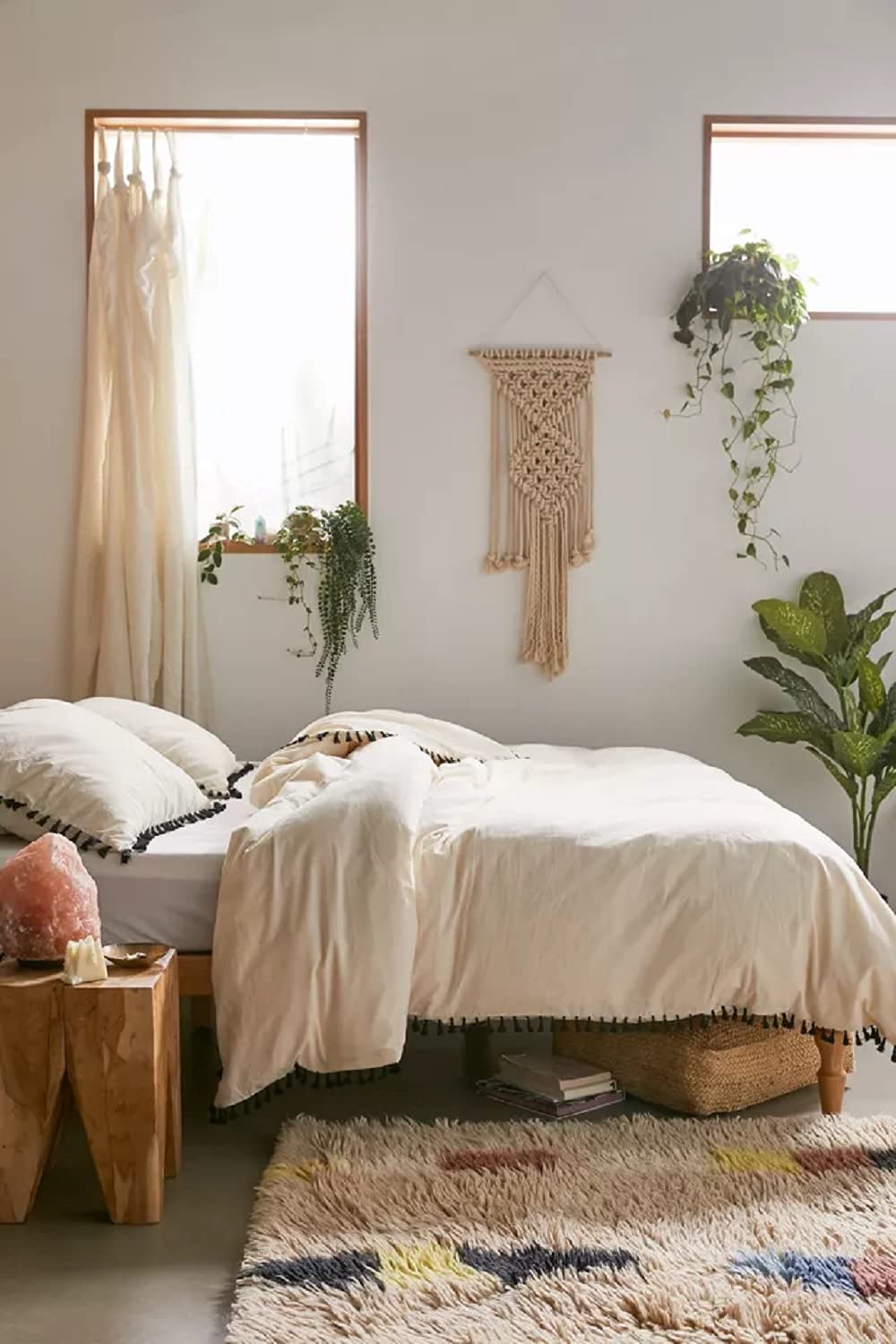 Bohemian Cream Washed Cotton Duvet Cover with Fringe Tassels - Queen Size Boho Bedding for Cozy Bedroom Decor & Guest Room Styling