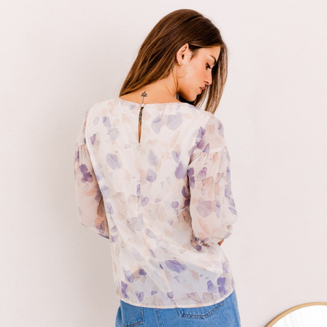 3/4 Puff Sleeve Abstract Print Blouse - Ivory Floral Pattern Women's Tops for Casual Wear & Office Outfits