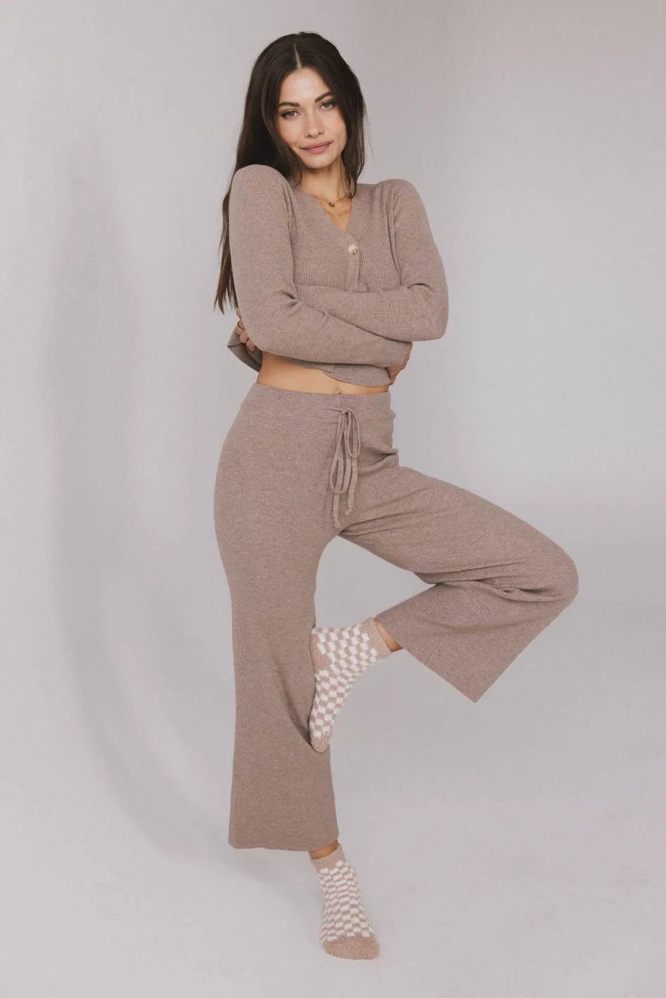 Evelise Ribbed Pants in Mocha - Women's High Waisted Stretch Knit Trousers | Perfect for Work, Casual Outfits & Fall Fashion