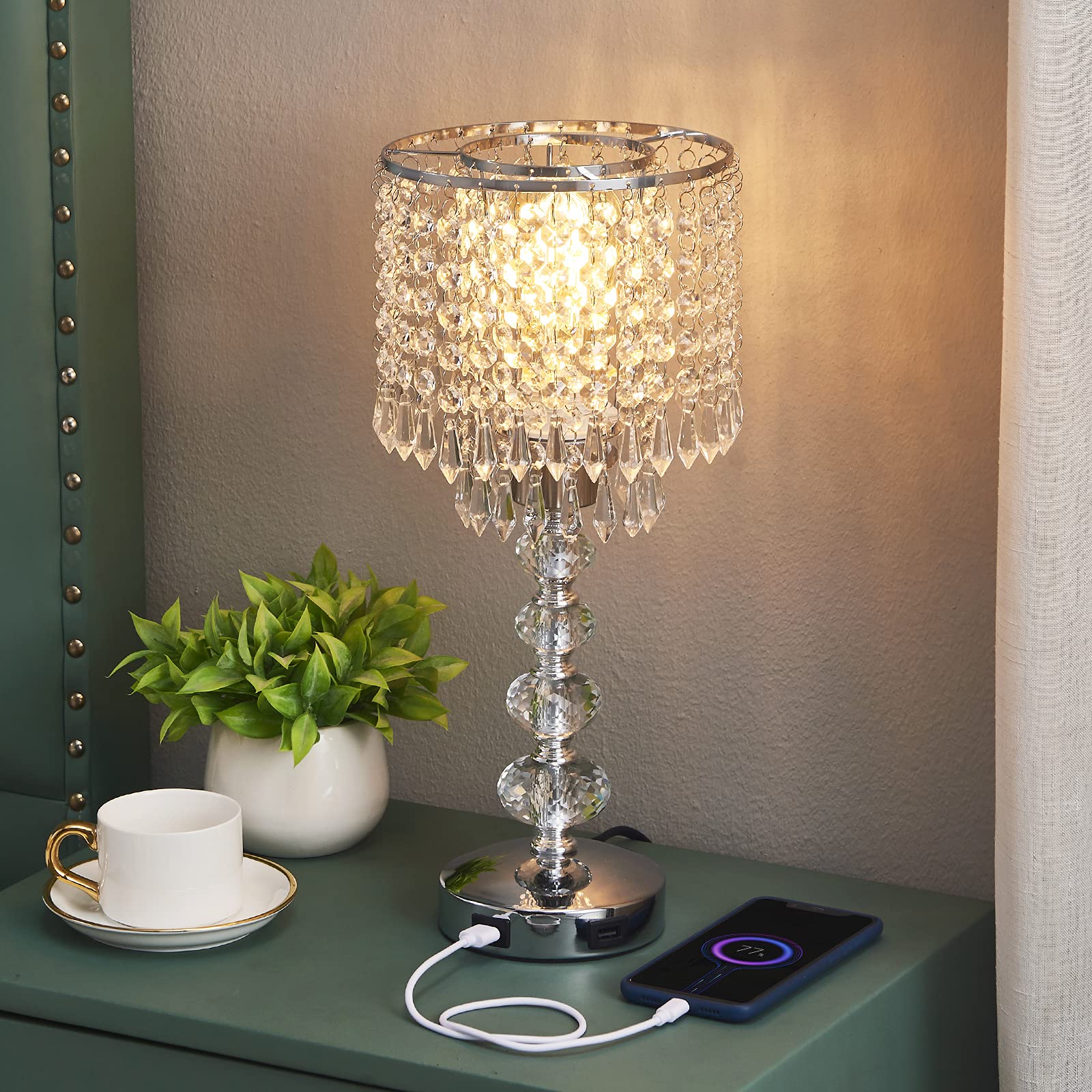 Acaxin Crystal Table Lamp with USB Charging Ports - 3-Way Dimmable Nightstand Lamp for Bedroom, Living Room & Office | Silver Touch Control Glam Lamp for Girls | Perfect for Reading, Relaxing & Charging Devices
