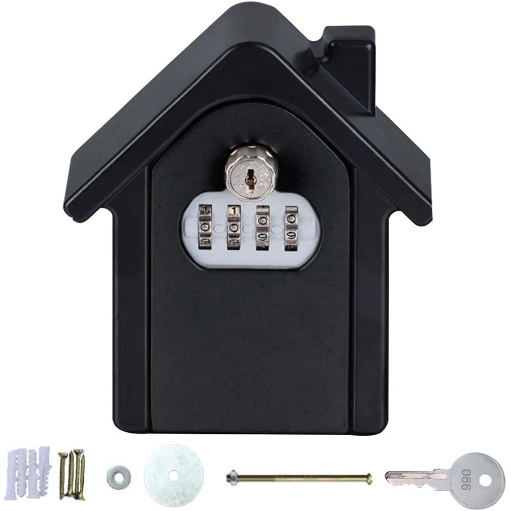 Secure Wall Mount Key Storage Lock Box with Key & 4-Digit Password - Weather Resistant Steel Safe for Indoor/Outdoor Use (Black) - Perfect for Home Security, Vacation Rentals, and Emergency Access