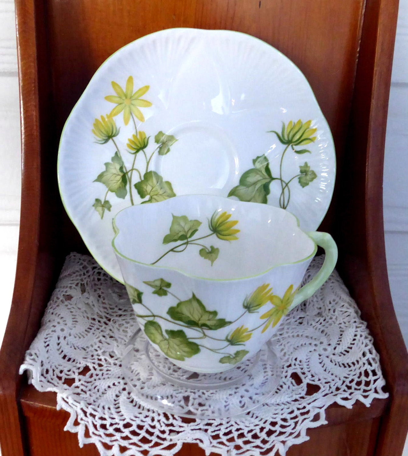 Shelley Celandine Dainty Shape English Bone China Tea Cup and Saucer Set - Green Trim with Yellow Floral Design - Perfect for Afternoon Tea, Bridal Showers & Vintage Collections