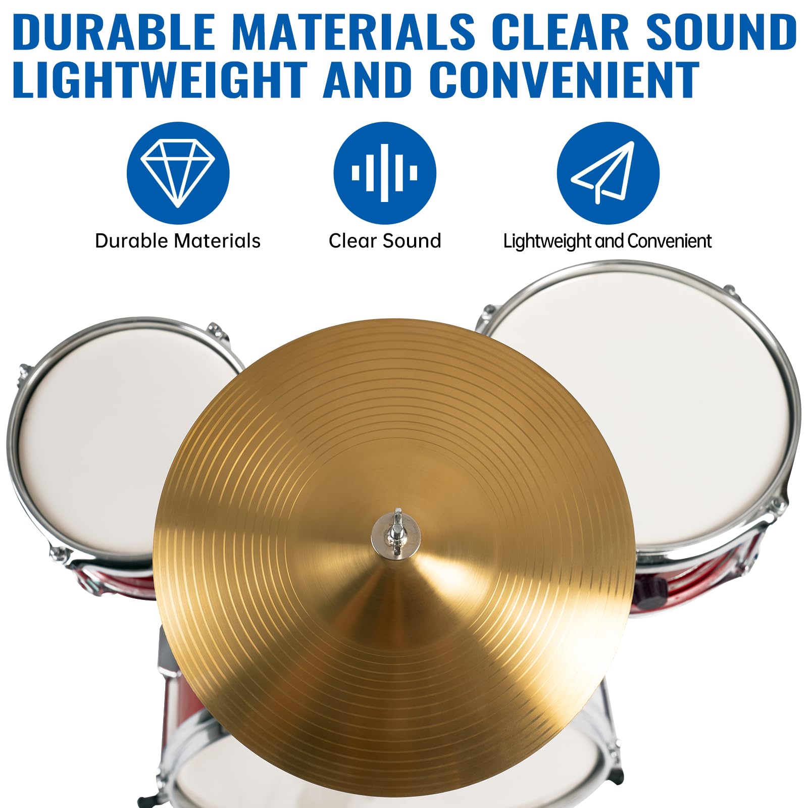 MOSEN 3-Piece Kids Drum Set with Adjustable Throne, Cymbal, Pedal & Drumsticks - Beginner Junior Drum Kit with Bass, Tom & Snare Drum (Red) - Perfect for Home Practice, Music Lessons & Birthday Gifts for Toddlers & Young Children