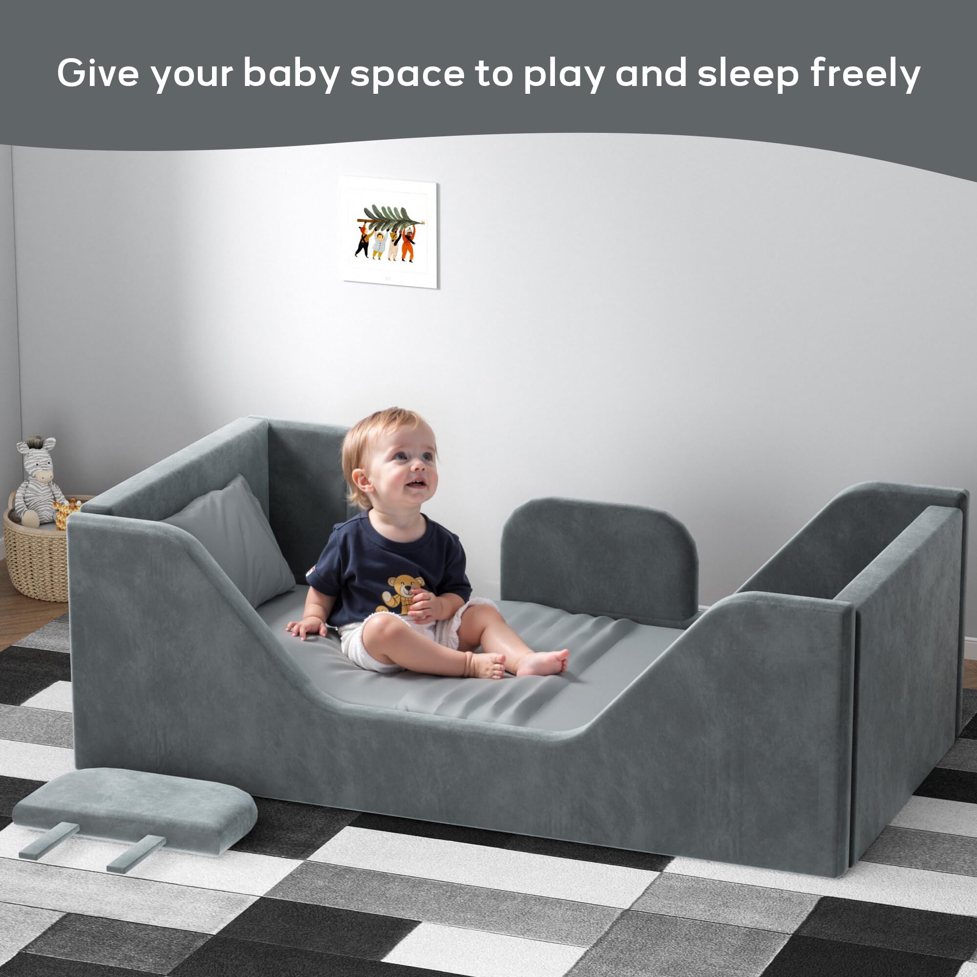 Toddler Floor Bed Frame with Guard Rails - Safe & Sturdy Small Bed for Kids Boys & Girls (Ages 2-6) | Certified Fabric Toddler Bed in Grey | Perfect for Montessori Bedrooms, Daycare Centers & Cozy Kids' Rooms