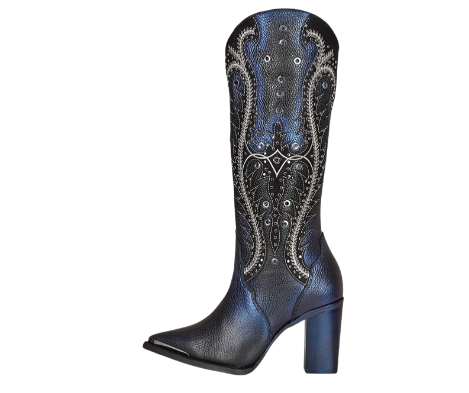 Women's Cuadra CU727 LD Black Overlay Embroidered Studded Pointed Toe Boots - Perfect for Night Out, Party & Western Fashion