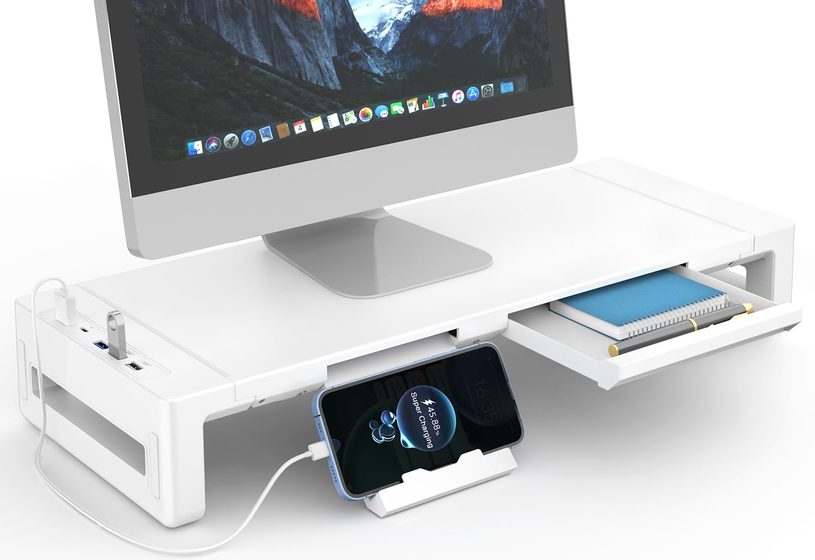 Adjustable Foldable Monitor Stand Riser with USB 3.0 Hub & Charging Port - Ergonomic Laptop & Computer Monitor Stand with Storage Drawer & Tablet Holder - Perfect for Home Office, Gaming Setup & Workspace Organization
