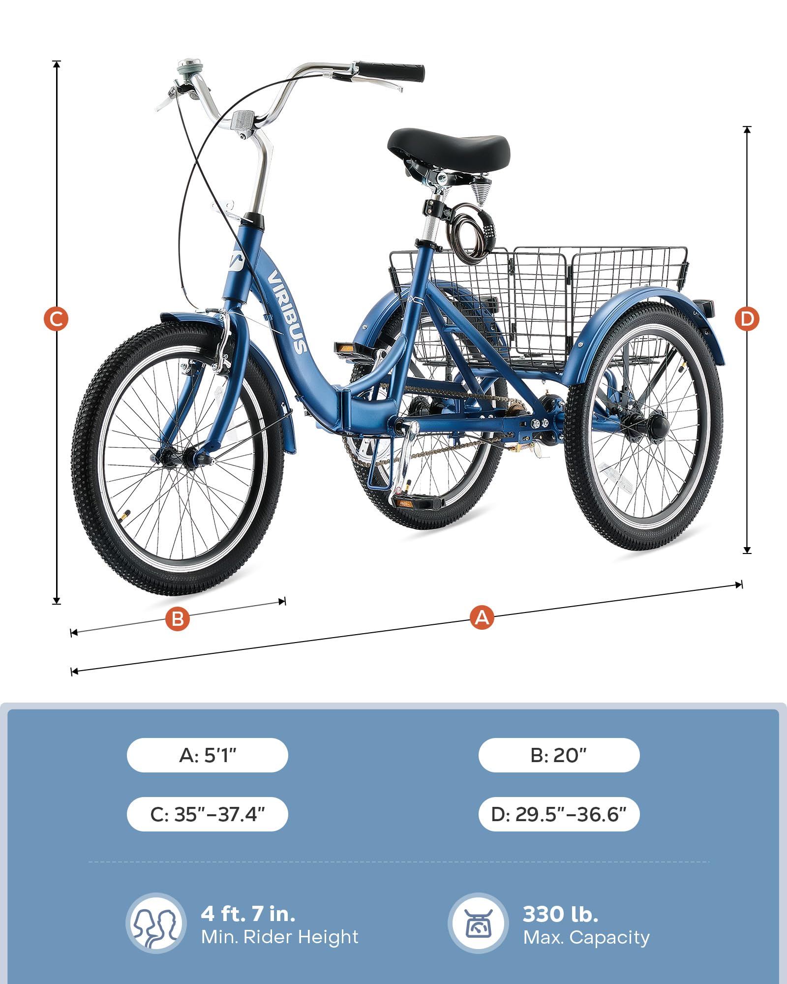 Viribus 20 Inch Folding Adult Tricycle - 1 or 7 Speed 3 Wheel Bike with Lock, Foldable Trike for Men, Women & Seniors (330lb Capacity) - Perfect for Commuting, Shopping & Leisure Rides