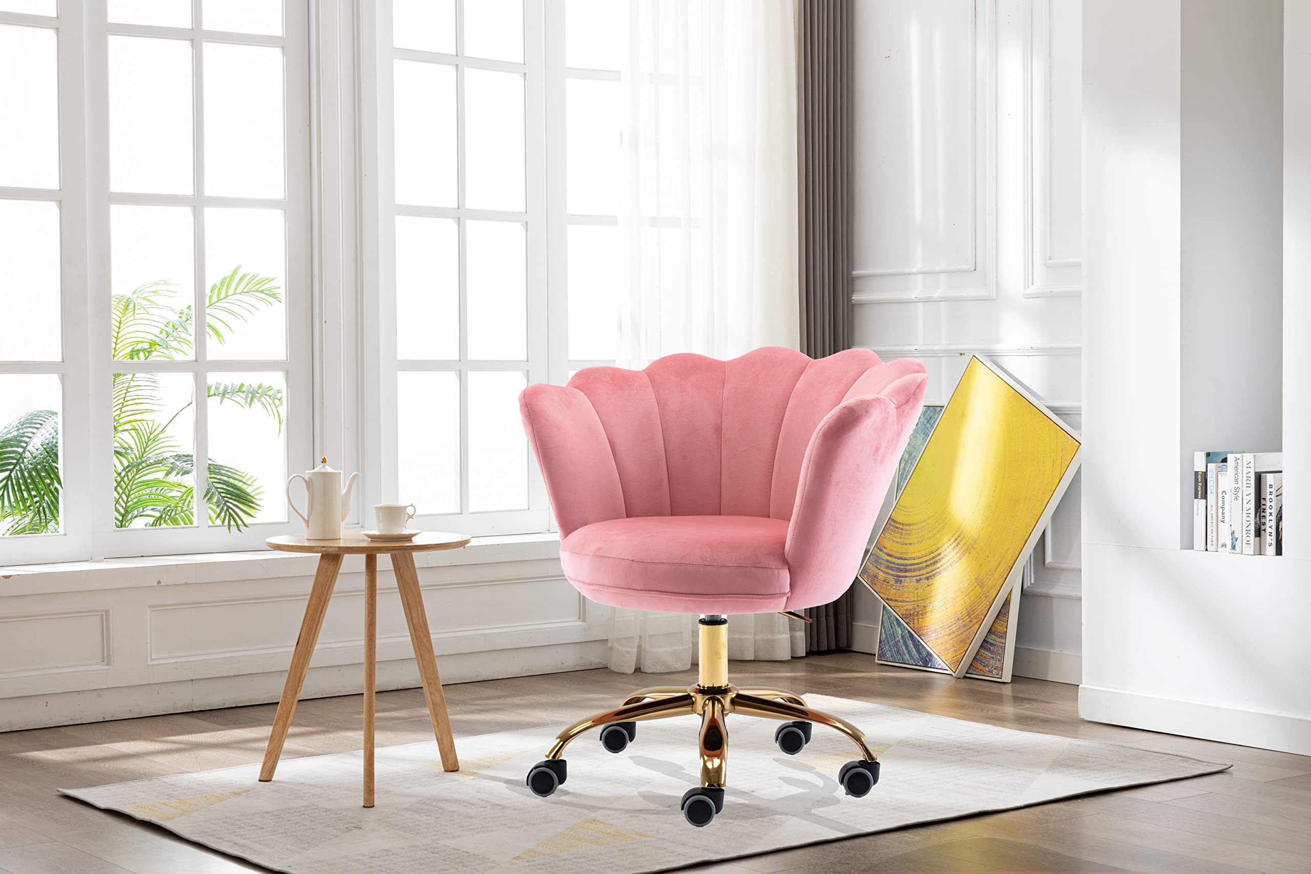 Modern Velvet Home Office Chair - Adjustable Swivel Desk Chair with Wheels for Living Room, Bedroom & Vanity Makeup Station - Soft Peach Pink Task Chair for Work, Study & Beauty Routine