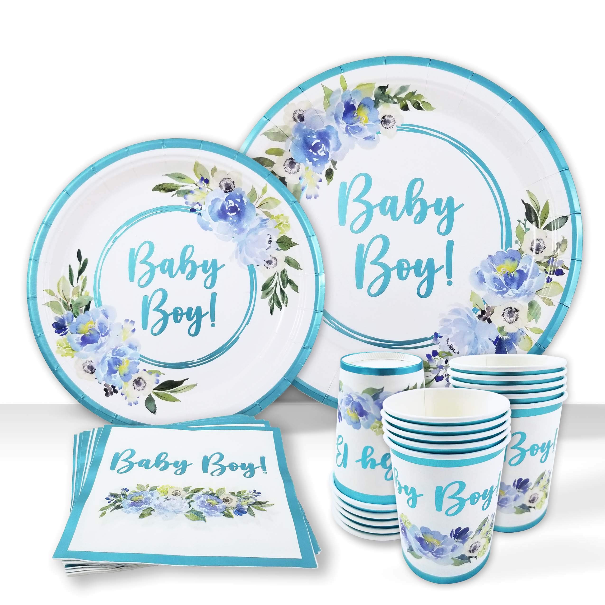 Baby Shower Plates and Napkins Set - 25-Piece Disposable Tableware with Light Blue Foil & Floral Design | Includes Dinner Plates, Dessert Plates, Cups & Napkins | Perfect for Baby Boy Showers, Gender Reveals & Nursery Themed Parties