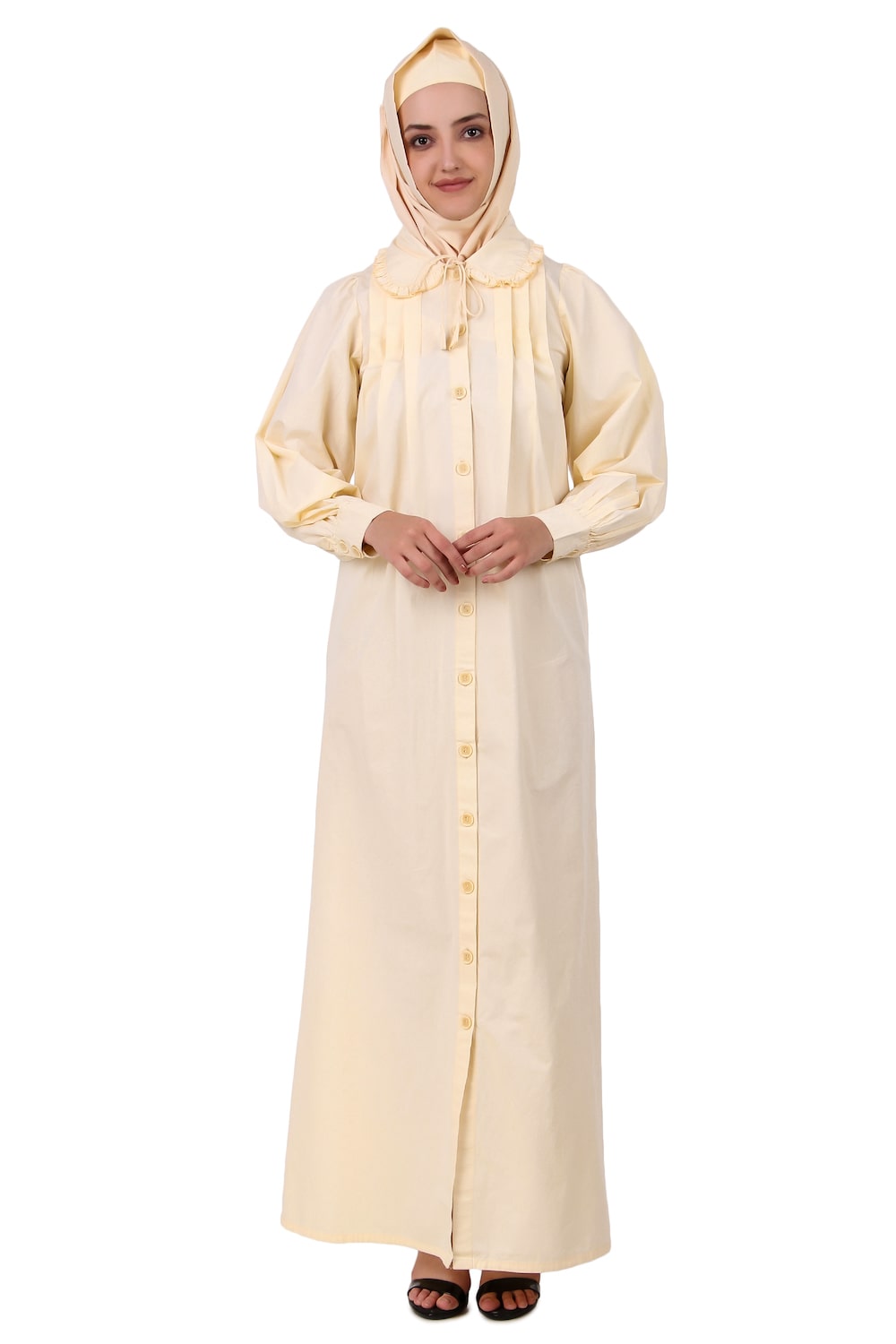 Front Open Cotton Cream Color Abaya - Modest Muslim Dress for Women - Perfect for Prayer, Mosque, and Everyday Wear