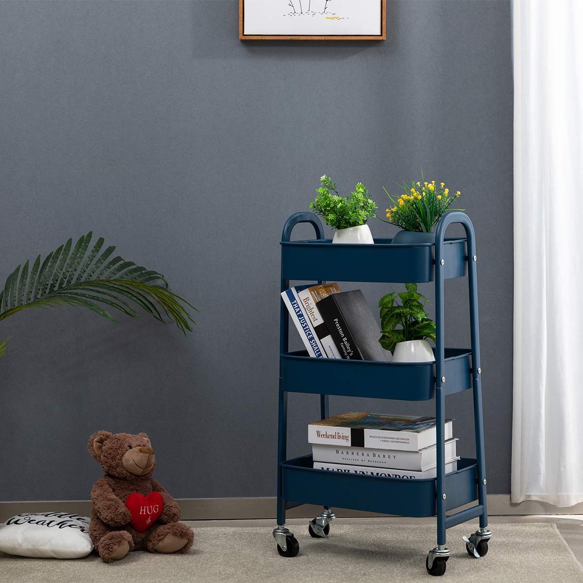 AGTEK Makeup Cart with Wheels - 3-Tier Rolling Organizer & Metal Utility Cart in Navy Blue for Salon, Home, or Professional Makeup Artists