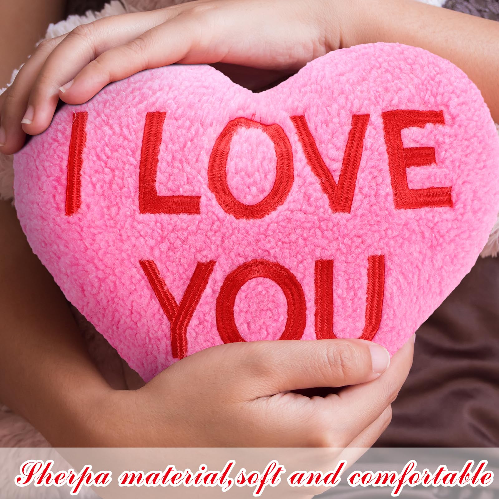3-Piece Sherpa Valentine's Day Heart Shaped Throw Pillow Set - Red & Pink Fluffy Love Decorative Cushions for Bed, Sofa, Couch - Aesthetic Coquette Room Decor & Romantic Gift Idea (Printed Heart Design) - Perfect for Valentine's Gifts, Anniversary Presents & Cozy Home Decor