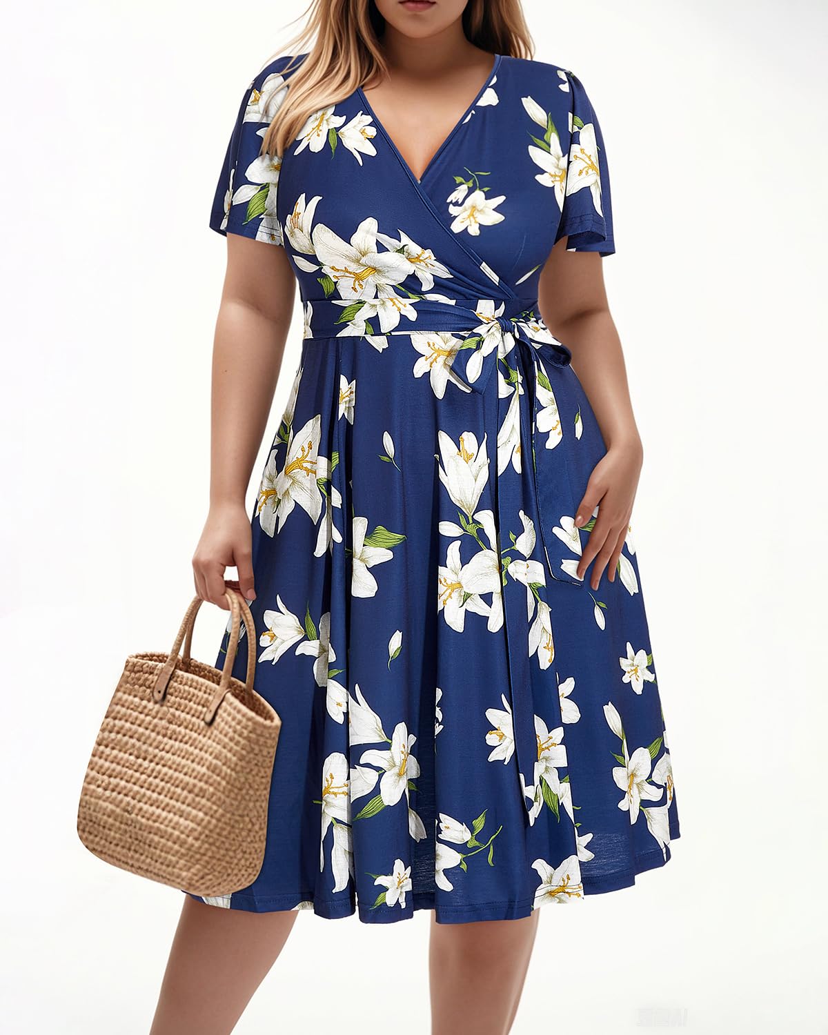 Plus Size Pinup Women's Cocktail Dress for Wedding Guest - Semi Formal Wrap Empire Waist Midi Dress | Perfect for Parties, Date Nights & Special Occasions