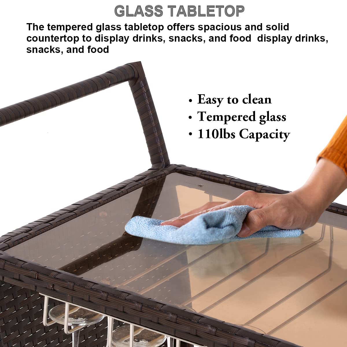 Premium Outdoor Rolling Wicker Bar Cart with Removable Ice Bucket, Glass Countertop & Wine Glass Holders - Rattan Serving Cart with Storage for Pool Parties, Backyard BBQs & Patio Entertaining
