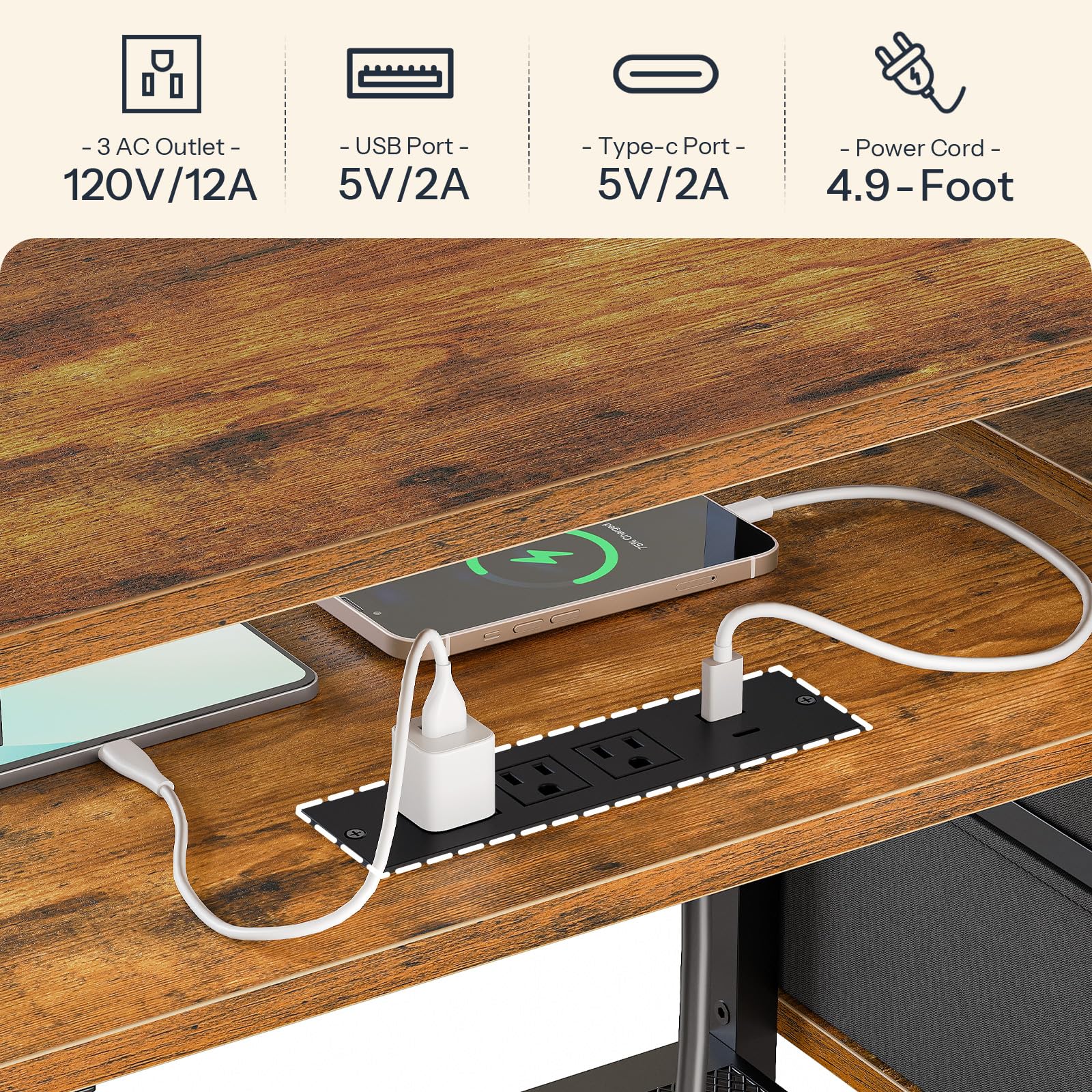 HOOBRO 75 Inch TV Stand with Power Outlet & LED Lights - Modern Rustic Brown Entertainment Center with 2 Non-Woven Drawers - Perfect for Living Room, Bedroom Home Theater Setup (Model BF55UDDS01)