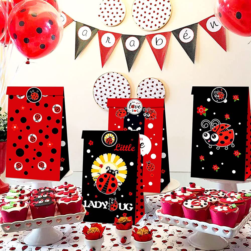 Ghberll Ladybug Party Favor Kit - 30Pcs Red & Black Polka Dot Party Bags with Matching Table Cover - Perfect for Birthday Party Decorations & Candy Treats | Ideal for Kids' Birthday, Baby Shower & Themed Celebrations