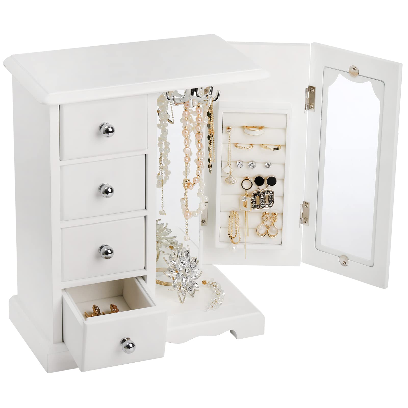 Wood Jewelry Box with Mirror & 4 Drawers - Jewelry Organizer for Women - Perfect for Rings, Earrings & Necklaces - Great Mother's Day Gift