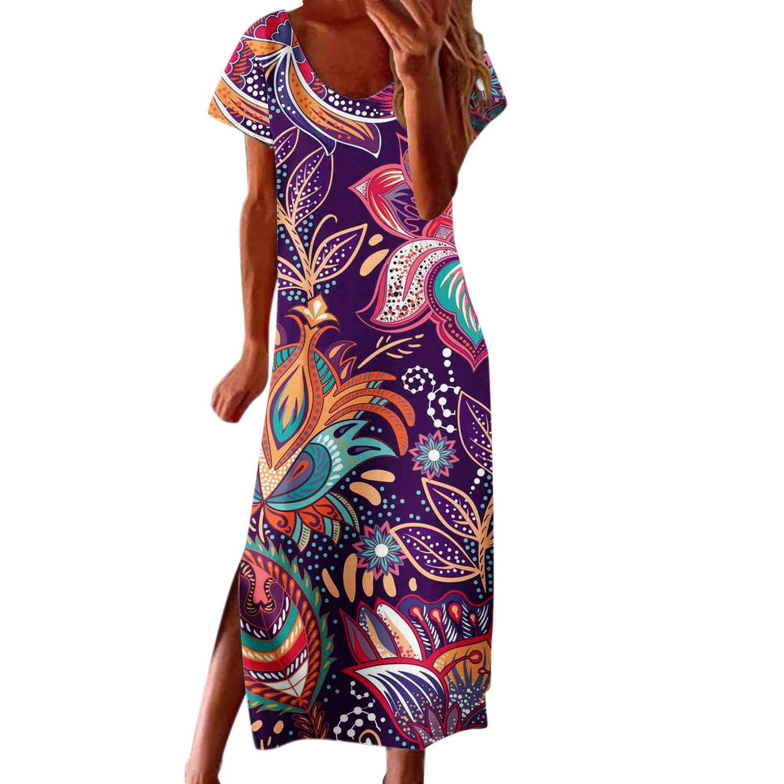 Black Swing Dress for Women - Casual Loose Gradient Print Short Sleeve Round Neck Side Slit Long Dress - Perfect for Work, Party & Everyday Wear (Dark Blue, XXL)