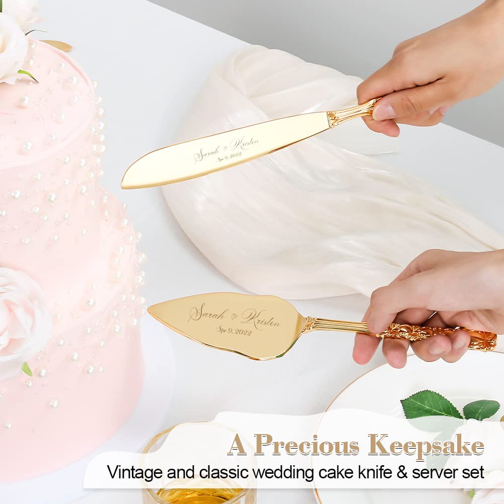 Personalized Gold Cake Knife and Server Set - Wedding Cake Cutting Set, Custom Engraved Pastry Pie Server & Pizza Cutter - Perfect Birthday Gift for Cake Lovers (with Bow) - Ideal for Weddings, Anniversaries, and Special Celebrations