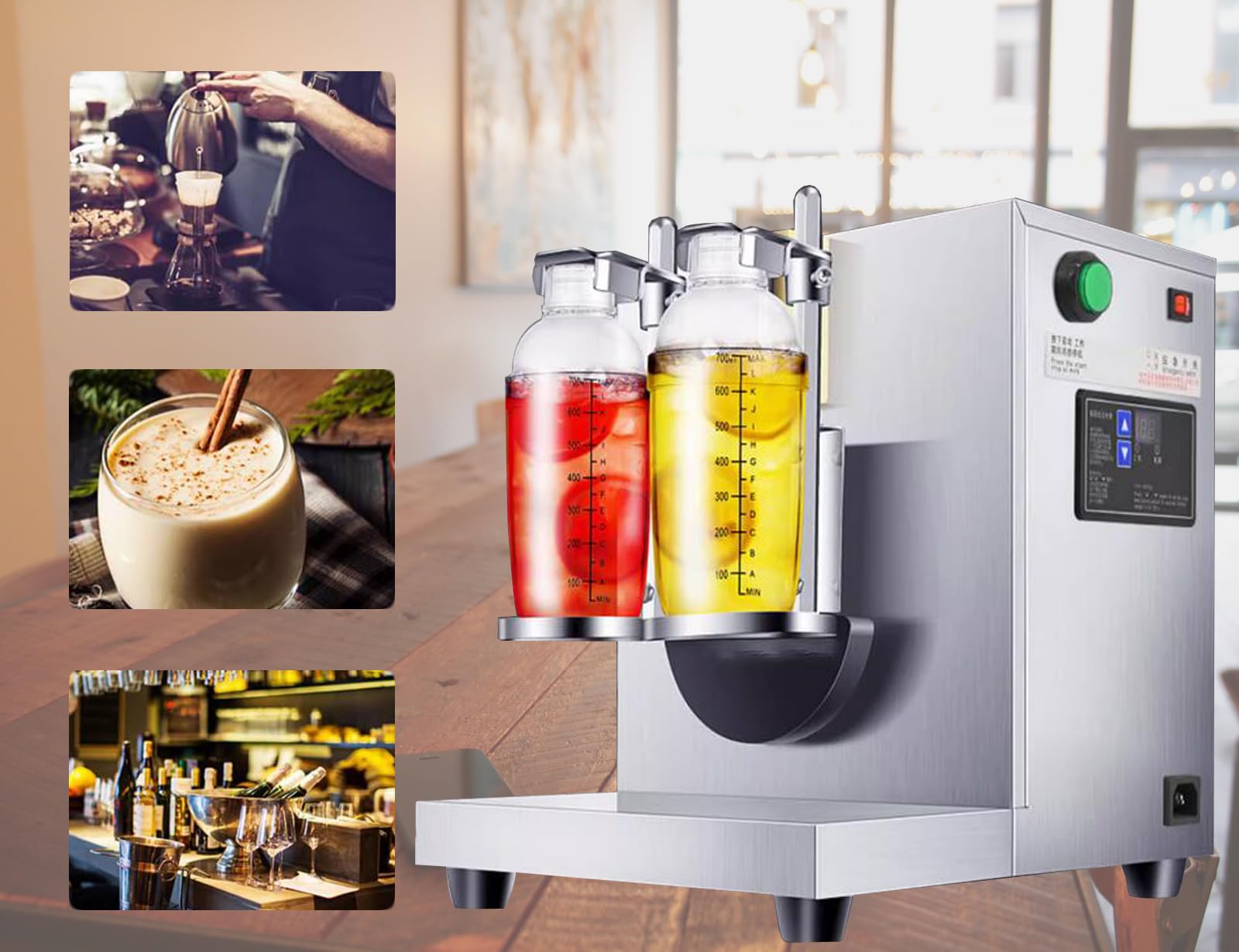 Electric Milk Shaker Machine - Double Cup Stainless Steel Cocktail & Bubble Tea Shaker with 750ml Steel Cups & 700ml Transparent Cups - Perfect for Coffee Shops, Boba Tea Stores & Home Bars