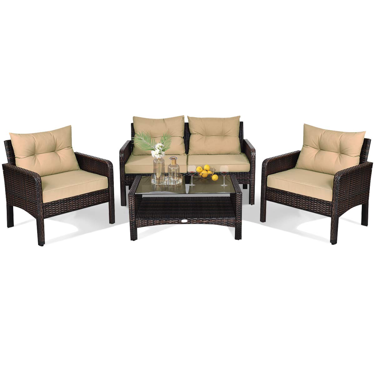Happygrill 4-Piece Outdoor Rattan Sofa Set with Cushions & Coffee Table - Perfect for Patio & Garden Relaxation