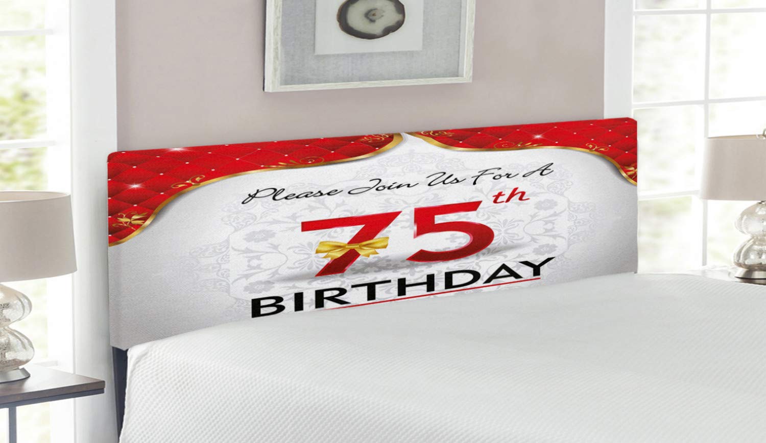 Ambesonne 75th Birthday Floral Upholstered Headboard - Queen Size Decorative Metal Bed Frame with Memory Foam - Royal Classic Party Theme for Anniversary Celebrations & Bedroom Decor - Perfect for Guest Rooms, Master Bedrooms & Special Occasions